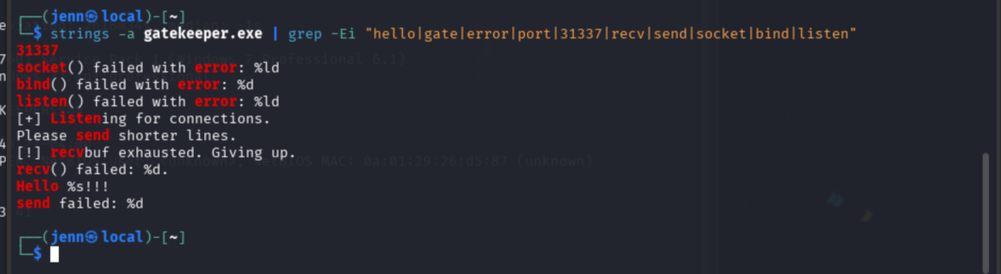 strings grep showing 31337, Hello %s!!!, bind, listen, recv, and error strings from gatekeeper.exe